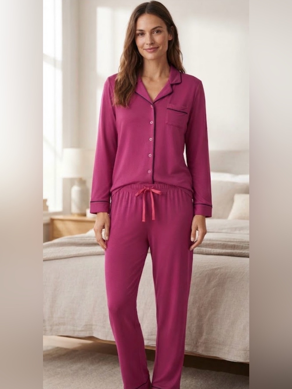 Victoria’s Secret SoSoft Modal Long Pajama Set Pink with Black Trim M